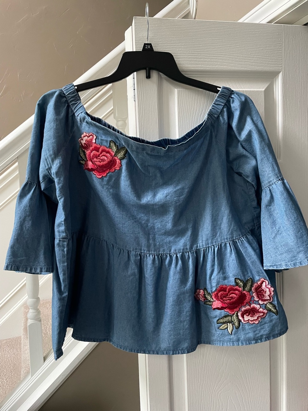 A.N.A Off the shoulder chambray/denim embroidered top size L